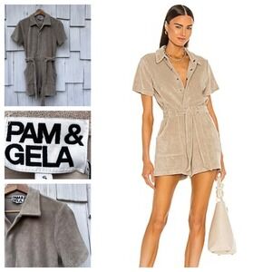 PAM & GELA S21 Romper W Sash Belt Stone Terry Cloth Short Sleeve Collared Size S